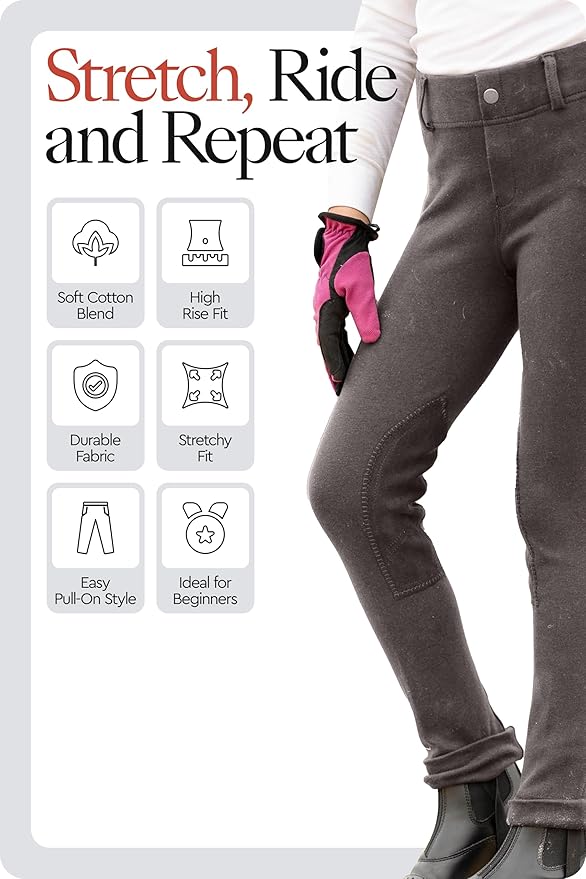 HORZE Nora Girls Riding Pants with Leather Knee Patch | Kids Equestrian Girls Jodhpurs Breeches | Size Chart in Images