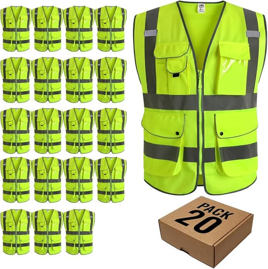 JKSafety 20 Pack 9 Pockets Class 2 High Visibility Zipper Front Safety Vest With Reflective Strips,Meets ANSI/ISEA Standard (X-Large, 156-Yellow)