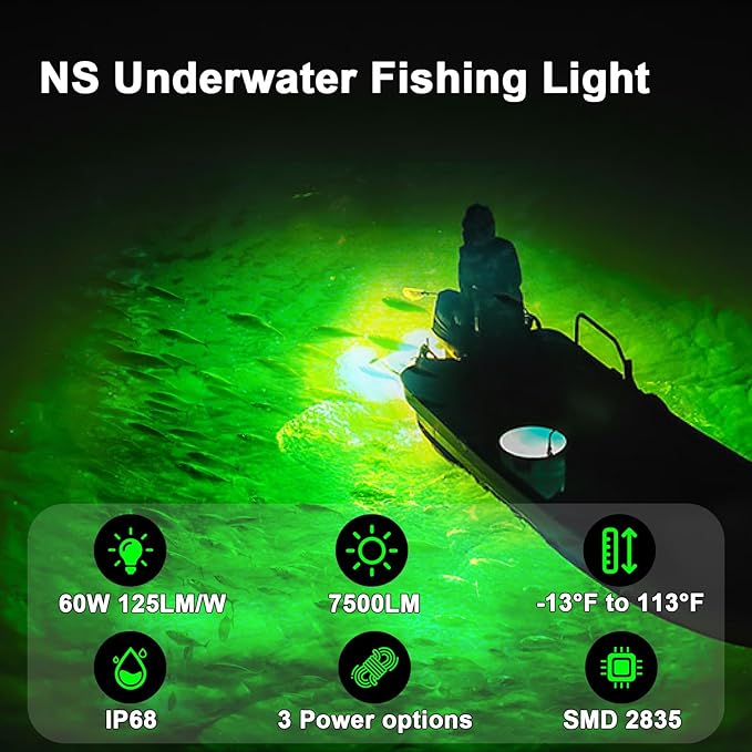 NS 60W 7500LM グリーン水中集魚灯、110V AC & 12V DC デュアル電源、LED水中ドック&ボートライト、クラッピー、池、カヤック用防水海水魚誘引キット