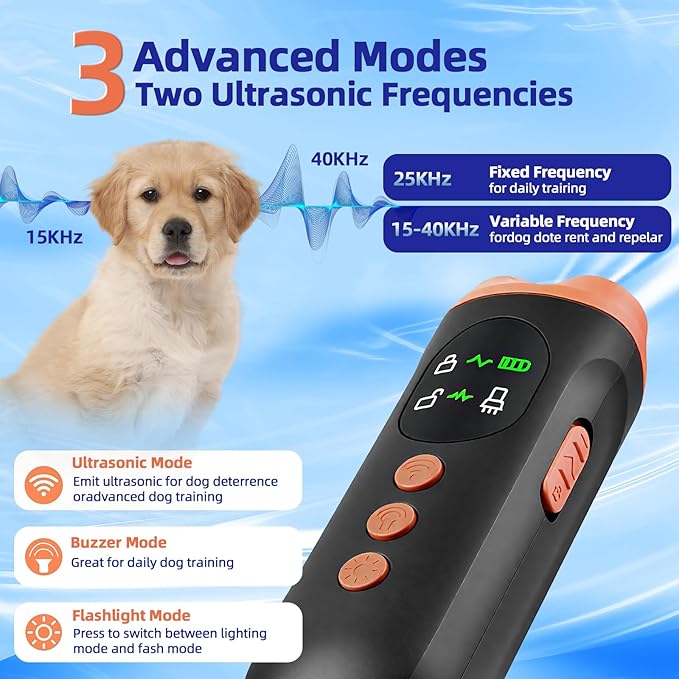 TGHIJKK Ultrasonic Dog Bark Deterrent Device: Rechargeable Anti Barking Device for Dogs with 3 Modes - Up to 35FT Range Safe Humane Training Tool - Small Medium Large Dogs Indoor Outdoor Use