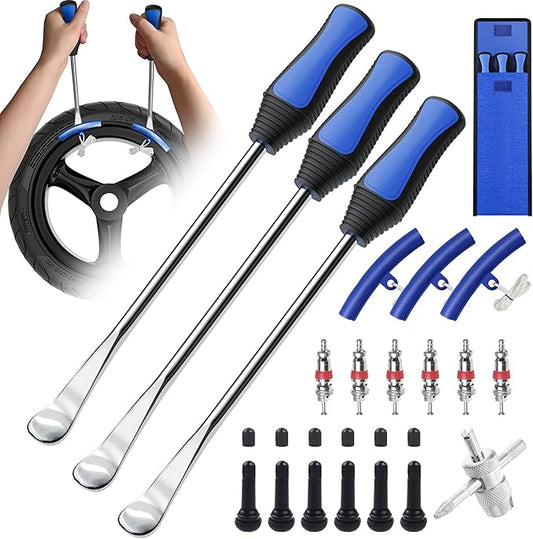 HTOMT 11.5" Tire Spoon Kit, 26pcs Tire Changing Tool for Motorcycle Dirt Bike Lawn Tractor Bicycle, Motorcycle Tire Changer Tire Removal Tool with 3pcs Rim Covers 6pcs Valve Tool Valve Cores(Blue)