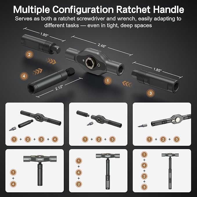 Bomivoi 42 in 1 Magnetic Screwdriver Set, DIY Ratchet Screwdriver Set, Multi Bit Magnetic Drive Set with Detachable Ratchet Handle, Portable Compact Repair Tool Kit for Furniture Computer Bicycle Gray