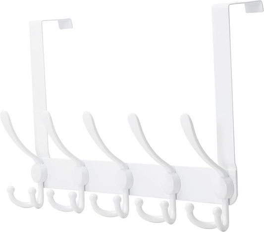 Dseap Over The Door Hook Hanger - Fits 1 3/8" to 1 3/4" Standard Doors | 5 Tri Hooks Heavy Duty Towel/Coat Rack | Door Organizer for Clothes, Jackets, Hats, Towels, White