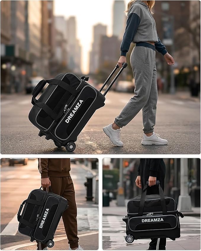 2 Ball Bowling Bag with Wheels, Double Bowling Ball Bag 2 Ball Roller w/Separate Compartment for Shoes Up to US Mens Size 16, w/Retractable Handle Extends to 40" & Accessories Pocket