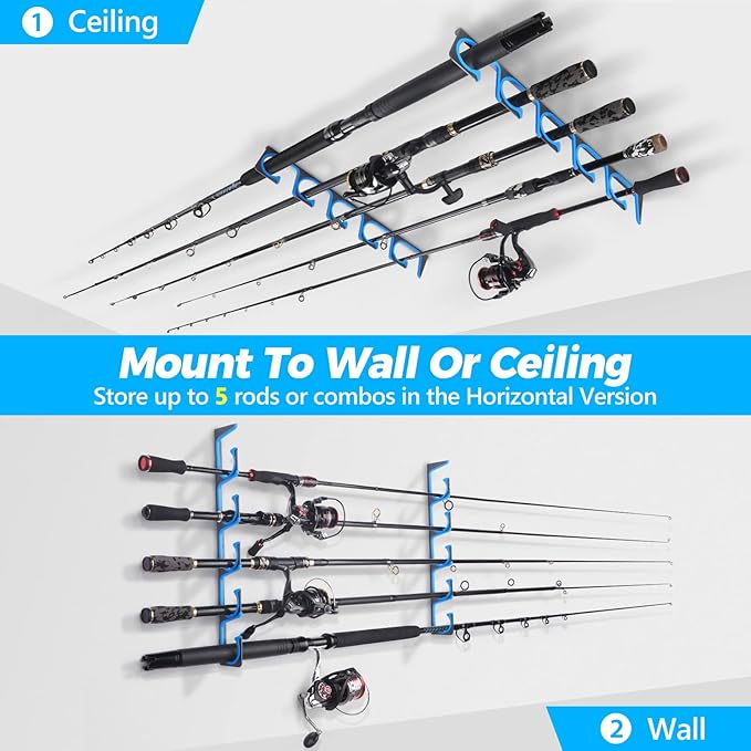 PLUSINNO H5 Horizontal Fishing Rod/Pole Holders for Garage, Wall Ceiling Mounted Fishing Rod Holder, Aviation Aluminum Fishing rod rack Holds up to 5/10/20 Rod or Combos Fishing Gear and Gifts for Men