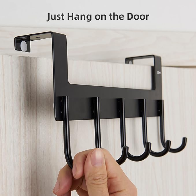 Over Door Hanger, Metal Over The Door Hook Rack with 5 Hooks, Towel Rails for Hanging Towel Robe Coat Bathroom Bedroom Grey