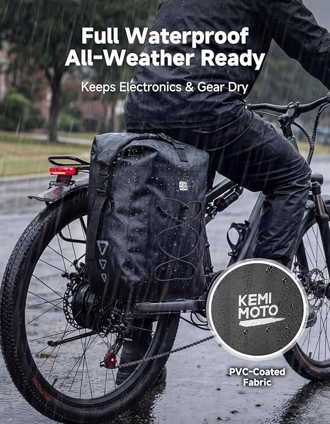 KEMIMOTO Bike Pannier Waterproof, 30L Heavy-Duty Bicycle Saddle Bag for Rear Rack, Side Bag with Laptop Compartment & Reflective, PVC Air-Tight Material – Commuting Touring Grocery Shoulder Carry