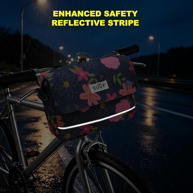 Bike Handlebar Bag, 2.9L Waterproof Bicycle Front Basket Bag with Reflective Strip, Convertible Shoulder Bag for Women, Floral Bike Pouch for Cycling Commuting Outdoor (Blue Floral)