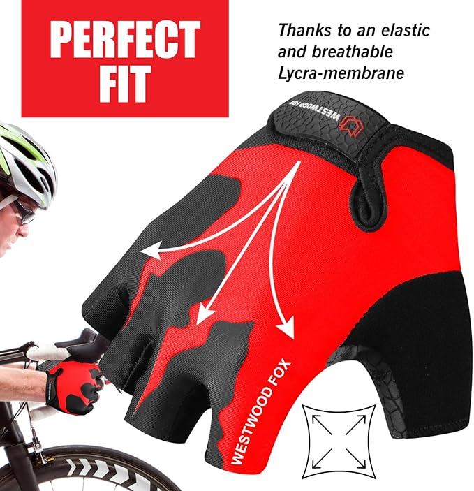 WESTWOOD FOX Cycling Gloves Half Finger Unisex Padded Grips Palm Bicycle Summer MTB Bike Gloves for Men Women Non-Slip Fingerless Short Mountain Bike Sports Hiking Climbing Gym