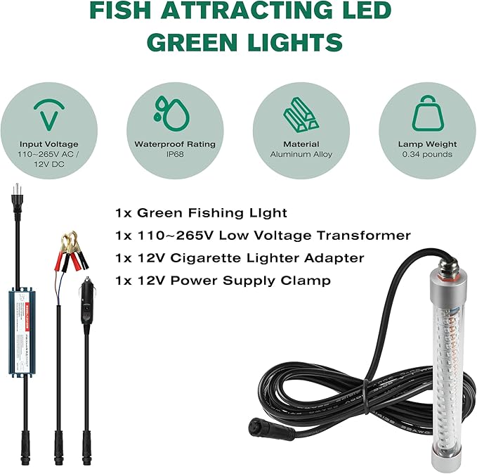 水中集魚灯 12V / 110V 夜間ボートドックカヤック用魚誘引ライト、クラッピー スヌーク イカ ベイト ナマズ用水中グリーンライト (16.4ft / 33ftケーブル)