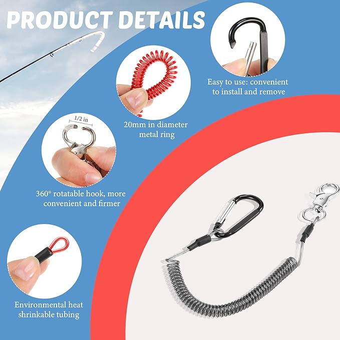 Woanger 6 Pack Fishing Lanyard Steel Wire Coiled Lanyard Tool Lanyards for Hand Tools Kayak Retractable Tool Leash Fishing Rod Safety Lanyards Gear with Alloy Clips for Pliers Boating