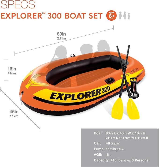 INTEX Explorer Inflatable Boat Series: Dual Air Chambers – Welded Oar Locks – Grab Handles – Bow Rope – Sporty Design