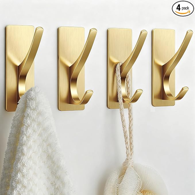 Gold Self Adhesive Towel Hooks, Extra Sticky and Strong 10LB, Stainless Hook for Bathroom, 4 Pack