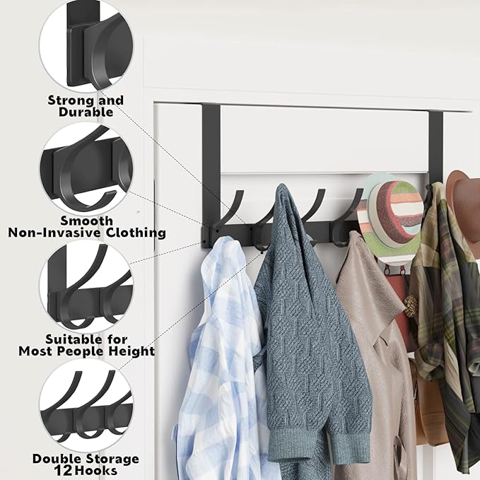 Over The Door Hooks, Sturdy Door Hanger, Large Over The Door Towel Rack with 12 Hooks, Heavy Duty Easy to Install, for Bathroom, Bedroom，Kitchen，Hanging Towels, Coats (Black).