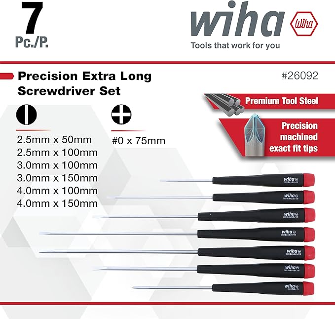 Wiha 26092 Slotted and Phillips Screwdriver Set with Precision Handle, Long, 7 Piece