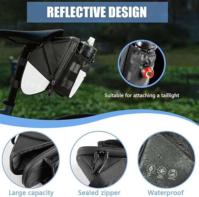 Bike Seat Bag, Bicycle Saddle Bag Under Seat Cycling Seat Pack with Water Bottle Holder for Mountain Road Bikes Black