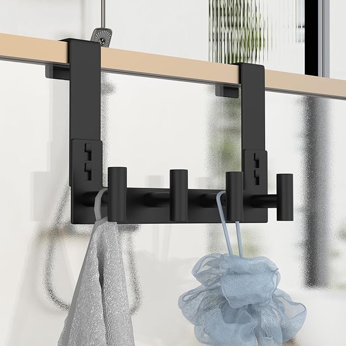 PMMASTO Over The Door Hooks, Fits 1-3/4" Thick Door No Drill Hooks for Closet Bathroom Bedroom Organization, Hanger for Coat Towel Robe (Black, 4 T-Hooks)