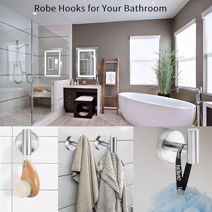 Kruodop Towel Hooks for Bathroom,6 Packs Wall Mount Towel Holder,Black Matte Wall Robe Hook,Stainless Steel Heavy Duty Door Hanger Towel Hook for Kitchen, Bedroom,Hotel,Pool,Coats - Silver