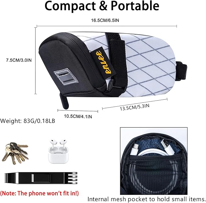 ENLEE Bicycle Saddle Bag, White Reflective Bike Seat Bag with Taillight Hangers, Waterproof Bicycle Storage Pouch Under Seat with Independent Item Partitions for Mountain/Road/Gravel Bikes, Small