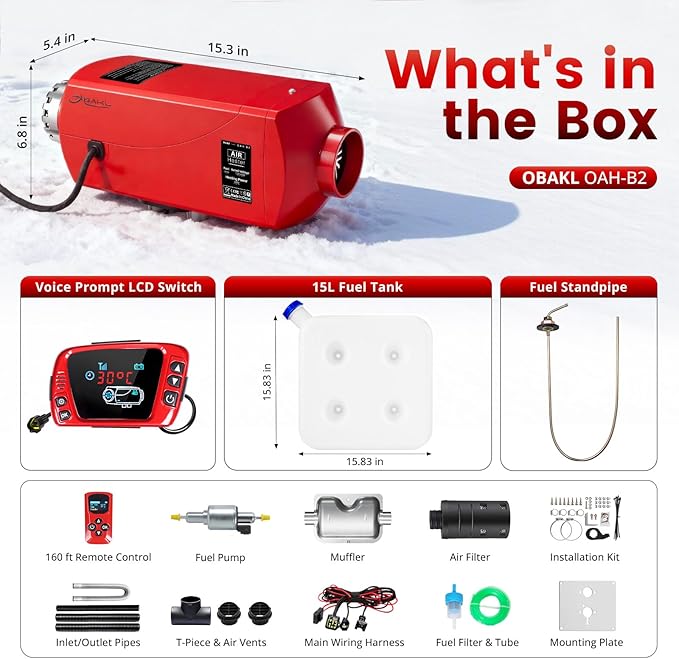 ディーゼルヒーター 5KW、アルミハウジング、ディーゼルエアヒーター 12V 高地対応、音声LCDコントローラー＆15Lタンク付き、トラック、キャンピングカー、RV、ボート用