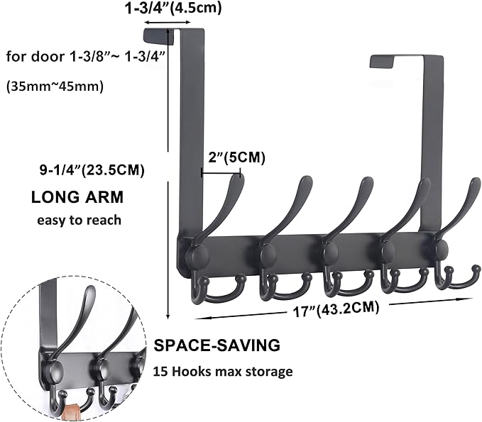 Dseap Over The Door Hook Hanger - Fits 1 3/8" to 1 3/4" Standard Doors | 5 Tri Hooks Heavy Duty Towel/Coat Rack | Door Organizer for Clothes, Jackets, Hats, Towels, Black