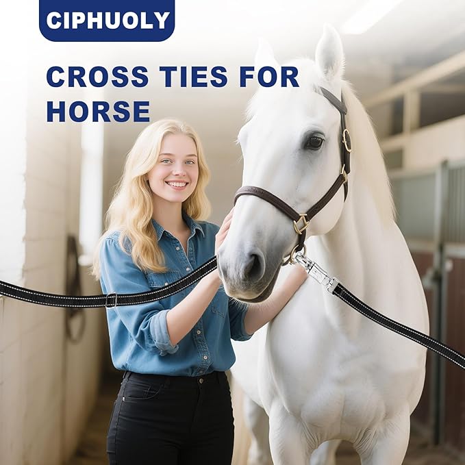 Heavy-Duty Cross Ties for Horses - Adjustable Nylon Horse Trailer Ties with Strong Panic Snap & Bull Snap (59"-102"), Set with 2 Pack Tie Rings & 8 Matching Screws (Black)