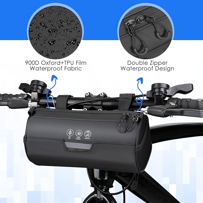 WOTOW Bike Handlebar Bag Waterproof - Bicycle Handlebar Roll Bag with Large Reflective Area, Bike Front Pouch with Waterproof Zipper Shoulder Strap Removable Straps for Cycling (Cylinder, 2.4L)