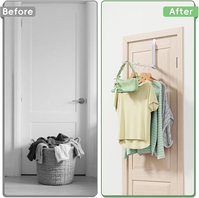Over The Door Hooks,Over The Door Clothes Hanger with 10 Ridges,Space-Saving Over The Door Drying Rack,Door Hooks for Hanging Clothes,Larger Capacity Over The Door Hanger (1, White)