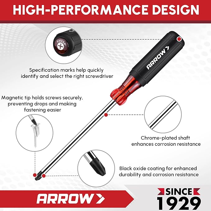 ARROW 8 PCS Magnetic Screwdriver Set, Professional S2 Steel Screw Driver Kit with Non-Slip Grip, Stubby Screwdrivers, Magnetic Phillips and Flathead Tips, for Home and Industrial Use