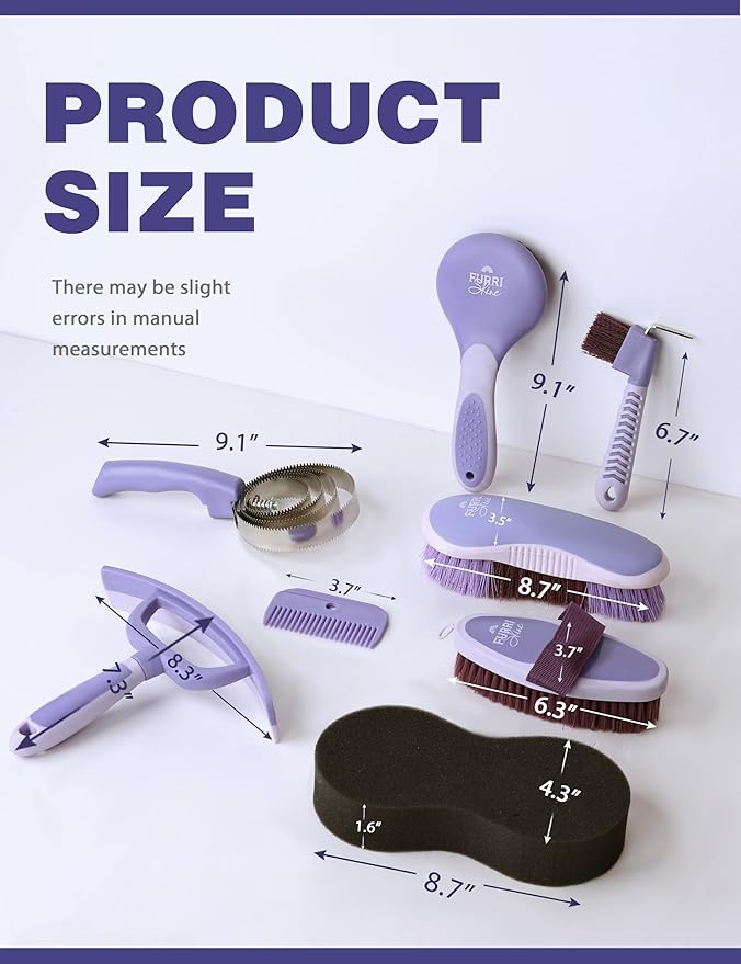 Horse Grooming Kit, 9 Piece Grooming Brush Set with Silicone Curry Comb for Bathing & Shedding Sugar Taro