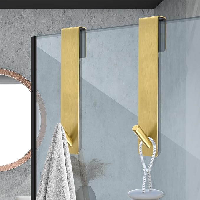 Shower Door Hooks(10 Inch),Extended Over Door Hooks for Bathroom Frameless Glass Shower Door,Stainless Steel Towel Hooks,Heavy Duty Rack Hooks for Robe,Towel-2 Pack-Gold