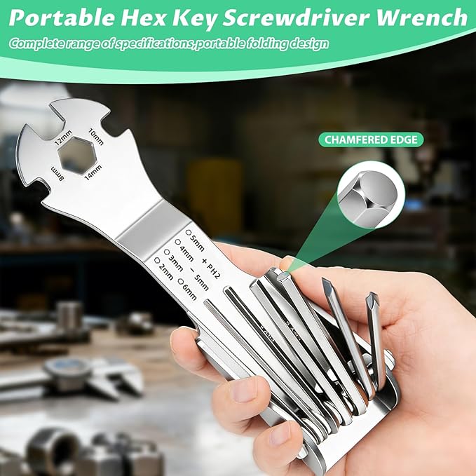 Folding Allen Wrench Set, Heavy Duty CR-V Steel Hex Key Multi-Tool, Double-Hinge Portable Wrench with Ergonomic Grip for Automotive, Bike Repair & DIY Home Improvement