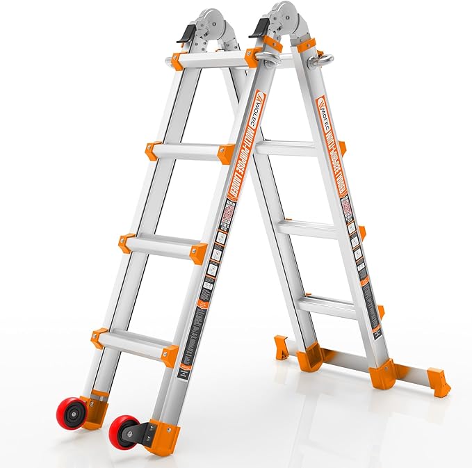 Telescoping A-Frame Ladder- 14FT Folding Extension Ladder with Wheels & Stabilizer Bar, 330lb Security Load Multi Position Ladders for Stairs Home Indoor Outdoor Roof