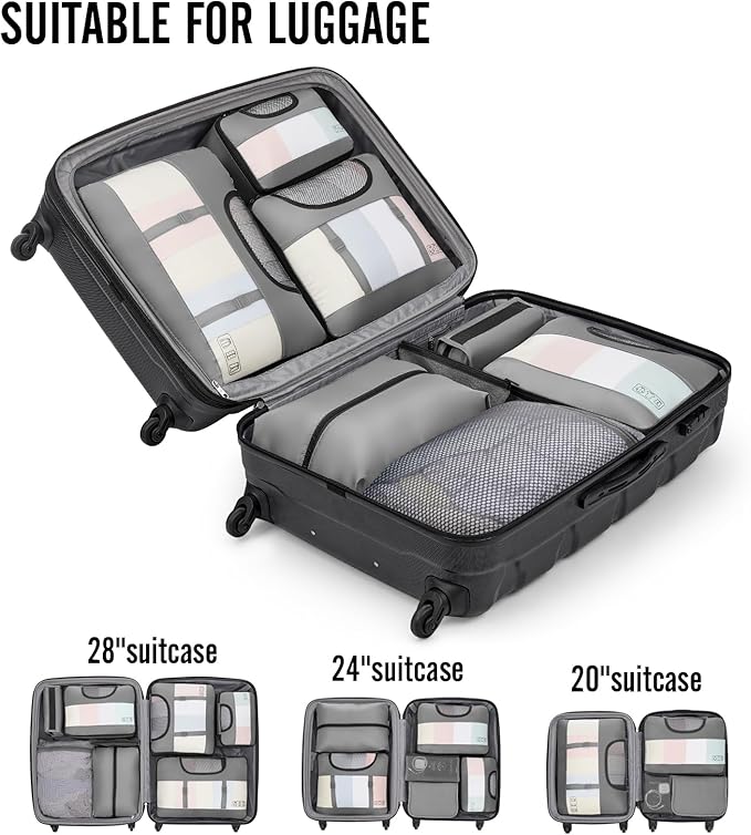 Veken パッキングキューブ10点セット 旅行必需品 スーツケース整理バッグ 4サイズ 機内持ち込み手荷物アクセサリー 大型ランドリー＆吊り下げ式トイレタリーバッグ付き 飛行機、ロードトリップ、キャンプの必需品
