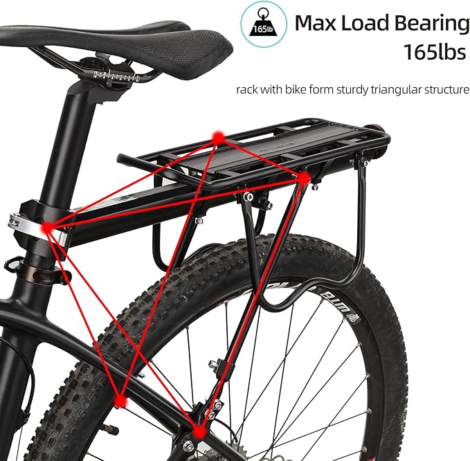 ROCKBROS Rear Bike Rack Bike Cargo Rack Adjustable Bicycle Luggage Carrier Rack Rear Quick Release Mountain Bike Pannier Rack with Elastic Band and Reflector, Most 165 lbs Capacity