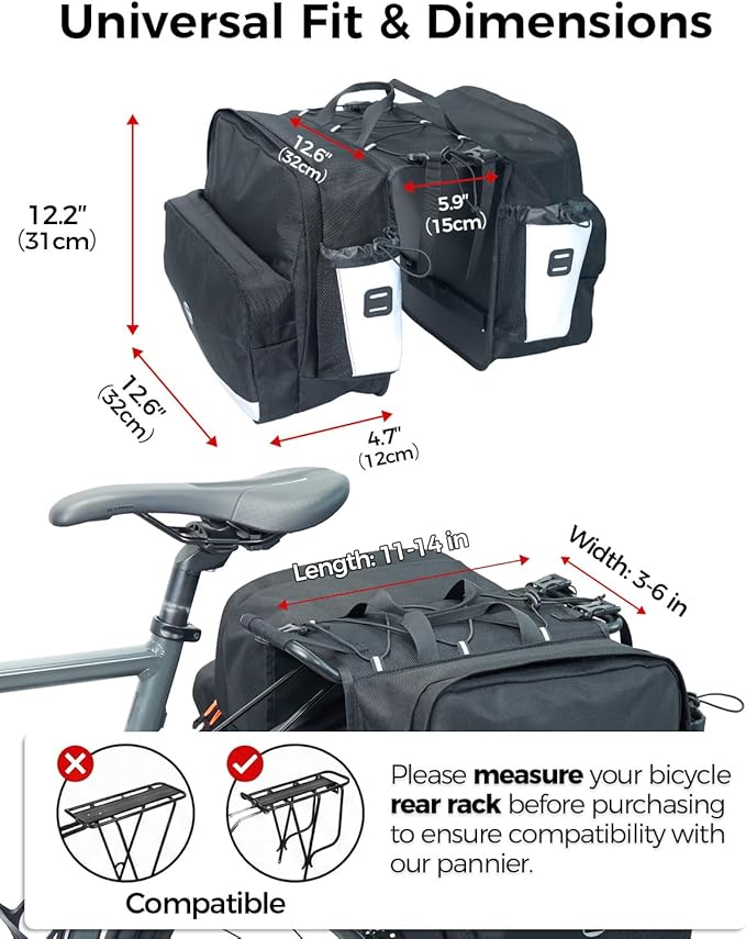 Bike Panniers 30L, Water Resistant Bicycle Saddle Bag for Rear Rack with Zipper Flap, Large Capacity Bike Bags with Bottle Holders, Reflective Pannier for Cycling Commuting Touring