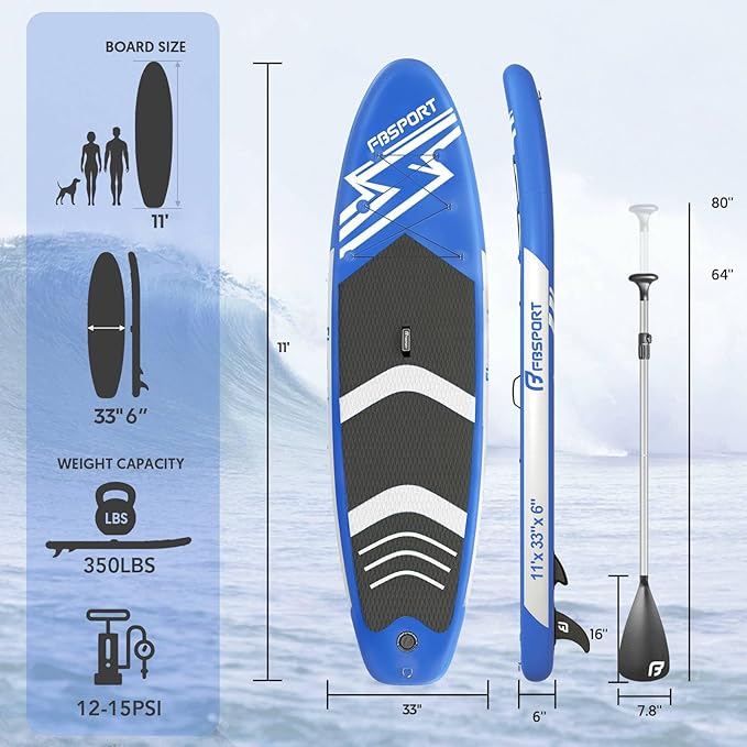 FBSPORT 11' Premium Stand Up Paddle Board, Yoga Board with SUP Accessories & Carry Bag | Wide Stance, Surf Control, Non-Slip Deck, Leash, Paddle and Pump for Youth & Adult