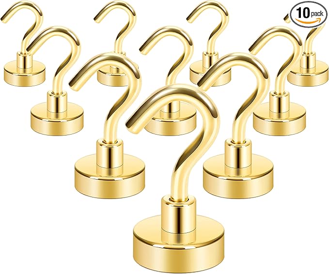 Neosmuk Magnetic Hooks, Heavy Duty 30lb+ Strong Magnet Hook for Cruise Cabins, Cruise Ship Essentials for Hanging, Metal Wall Refrigerator Hangers (Gold, 10 Pack)