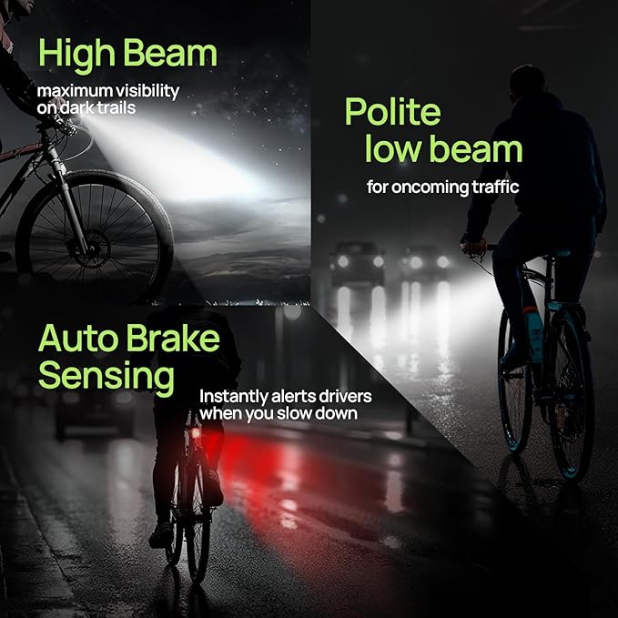 Smart Bike Lights Front and Back, R15 Kit, USB C Rechargeable with Auto Brake Sensing, 500 Lumen Waterproof Bicycle Headlight & Tail Light Set for Night Riding, Long Battery Life for Cycling Safety