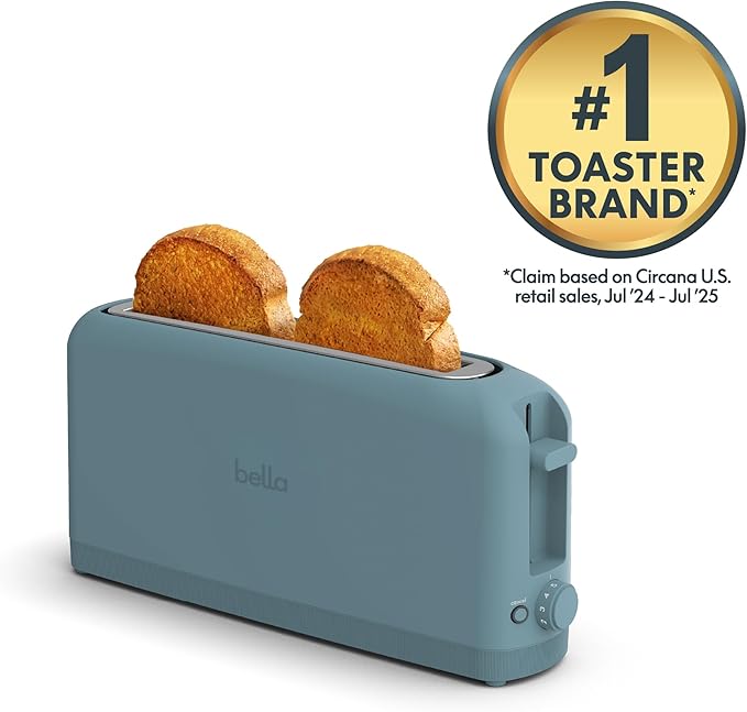 bella 2スライス スリムトースター、どんな場所にもフィット™ キッチン用品、再加熱・キャンセルボタン付き6段階焼き色調節機能、サワードウも焼ける10インチロングスロット、パン詰まり防止・自動電源オフ機能、900W、サーフ