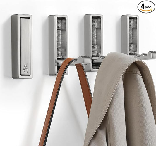 Folding Wall Hook, 4Pcs Foldable Coat Hooks Mounted, Heavy Duty Zinc Alloy No Rust Fold Up Hooks for Hanging Coat, Towel, Key, Hat, Bag, Jacket, Backpack (Brushed Nickel)