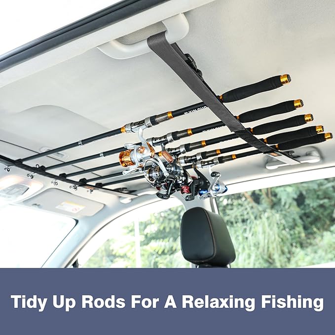 2 Pack Vehicle Fishing Rod Holder for Car, Fishing Pole Car Rack 5 Rods Capacity, Adjustable 30 to 54 Inches Horizontal Car Roof Fishing Pole Storage Carrier Belt for SUV, Truck and Van, Gray