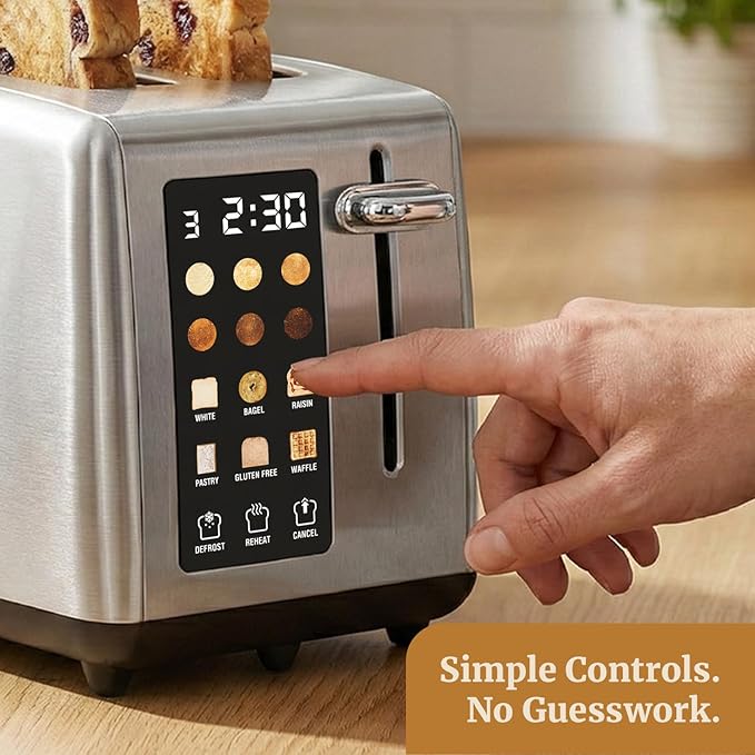 Elite Gourmet 2-Slice Toaster with Digital Countdown, Extra-Wide Slots for Bagels & Thick Bread, One-Touch Presets, Stainless Steel, Defrost/Reheat/Cancel