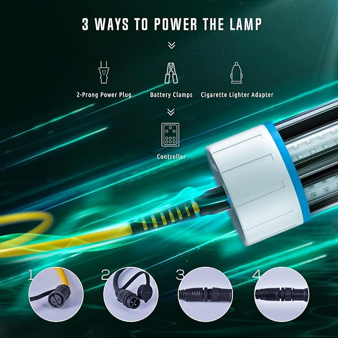 コントローラー（調光器・タイマー）付き水中釣りライト、110V & 12V 超高輝度グリーンLED水中ライトアトラクタント、桟橋、ボート、カヤック用、淡水・海水対応IP68準拠
