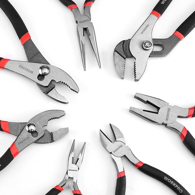 WORKPRO 7点プライヤーセット (グルーブジョイント、ロングノーズ、スリップジョイント、ラインズマン、斜めニッパー) DIY&家庭用 ブラック