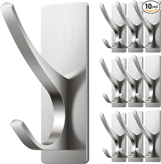 10 Pack Self Adhesive Towel Hooks: Extra Strong 13LB, Stainless Hook for Hanging Loofah, Towels, Coat, Bath Robe Bathroom Shower, Brushed Nickel