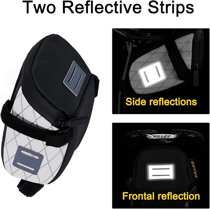 ENLEE Bicycle Saddle Bag, White Reflective Bike Seat Bag with Taillight Hangers, Waterproof Bicycle Storage Pouch Under Seat with Independent Item Partitions for Mountain/Road/Gravel Bikes, Small