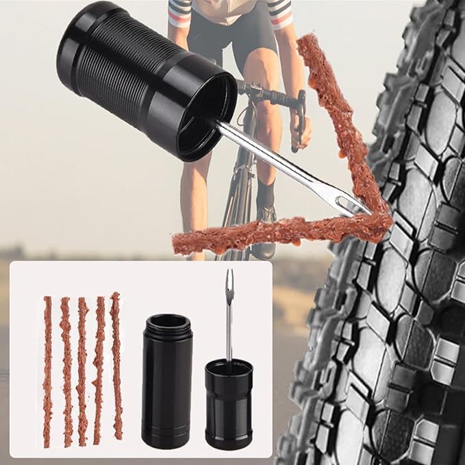 Tubeless Bike Tire Repair Kits for Road Bicycle and Mountain Bike MTB Tires | 1 Repair Tool and 7 Bacon Strips | Includes Storage Canister Plugger Tool with Plugs