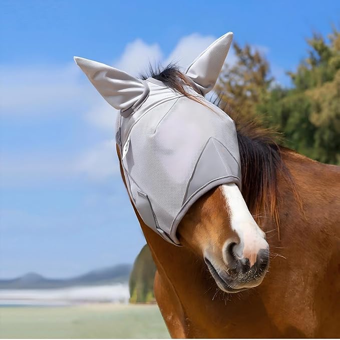 Raelitego Horse Fly Mask, Adjustable Fly Masks for Horses with Ears, UV Protection from Insect Pests Comfort Mesh Without Nose Average Size Horses Accessories(Large)