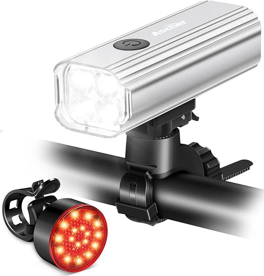 Ascher 1000 Lumens Super Bright Bike Lights for Night Riding, Type-C USB Rechargeable Bike Light Front and Back, 4 Light Modes, Waterproof Bicycle Headlight & Rear Taillight for Road Commuter Cycling
